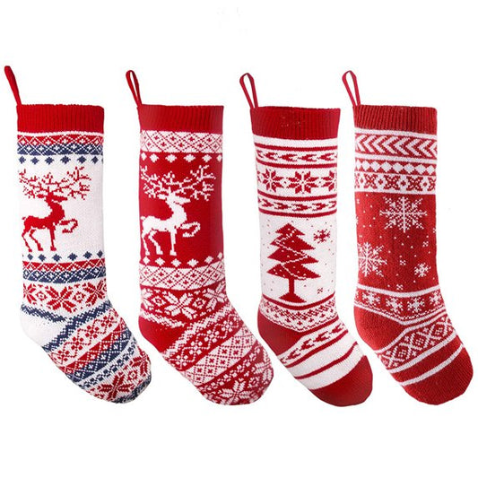 4 Pieces 18" Knit Christmas Stockings Reindeer Christmas Tree Snowflakes Knitted Stocking Christmas Ornaments Hanging Rustic Stocking Decorations Tree