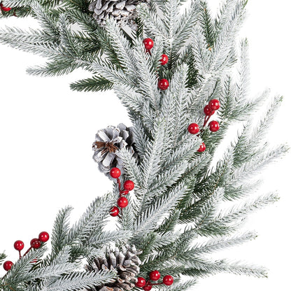 28in Artificial Christmas Wreath, Frosty Christmas wreath with Crestwood Spruce, Decorated with Pine Cones, Berry Clusters, Frosted Branches, Christmas Collection Green