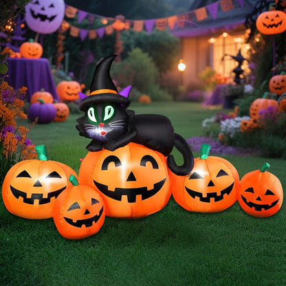 5FT Halloween Inflatable Pumpkin Outdoor Decoration, Lighted Blow Up Yard Decor, Stacked Witch's Black Cat with 5 Pcs Pumpkin and Built-in LED Lights for Home Holiday Party Patio Outside Event Prop