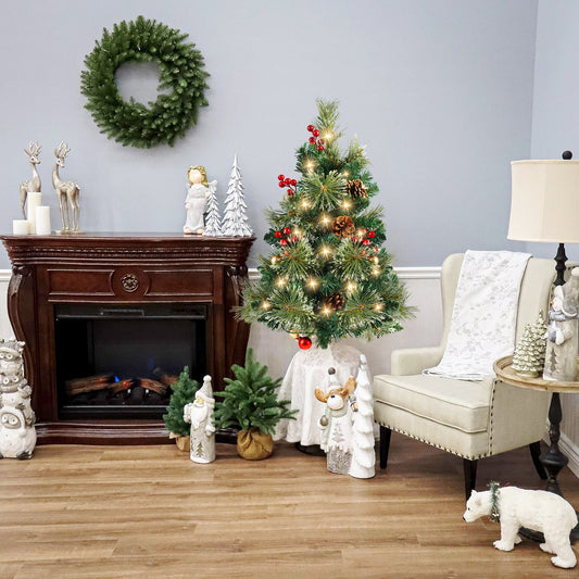 25in Artificial Christmas Trees Set of 2 Pre-Lit Mini Christmas Trees with 30 LED Lights, Bright Ball, Pine, Berries for Indoor Outdoor Decor