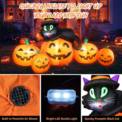 5FT Halloween Inflatable Pumpkin Outdoor Decoration, Lighted Blow Up Yard Decor, Stacked Witch's Black Cat with 5 Pcs Pumpkin and Built-in LED Lights for Home Holiday Party Patio Outside Event Prop