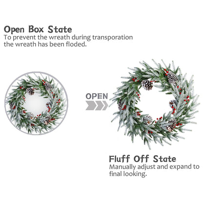 28in Artificial Christmas Wreath, Frosty Christmas wreath with Crestwood Spruce, Decorated with Pine Cones, Berry Clusters, Frosted Branches, Christmas Collection Green
