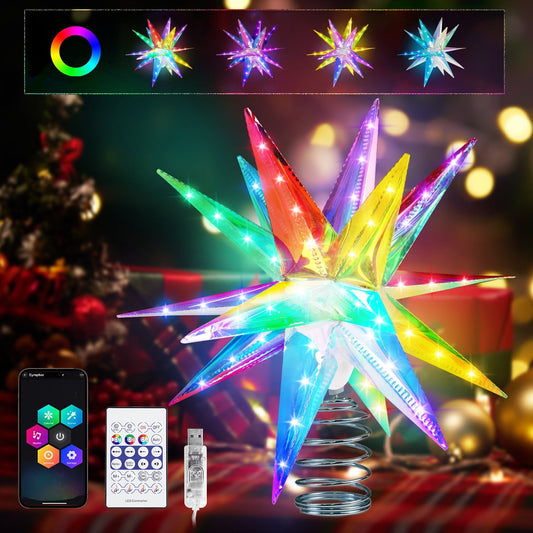 8 Inch Christmas Star Tree Topper, RGB Color Change Christmas Tree Light Up Star, Christmas Tree Decorations Xmas Outdoor Indoor Decoration