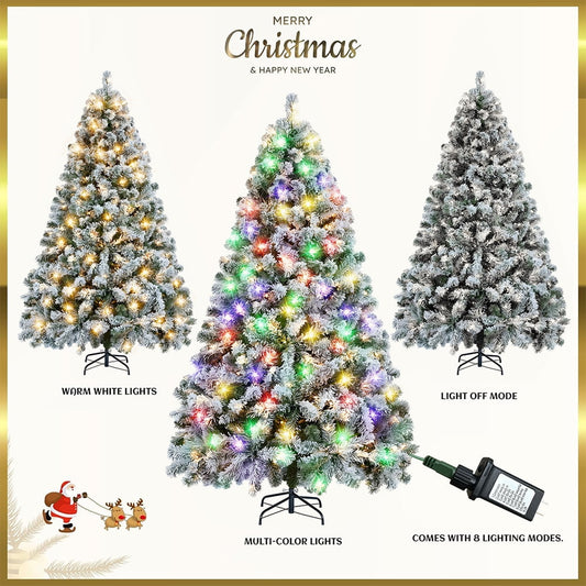 4.5ft Christmas Tree, Snow Flocked Pine Tree with 200 Warm-White & Multicolored Lights For Home, Office, Party Decoration