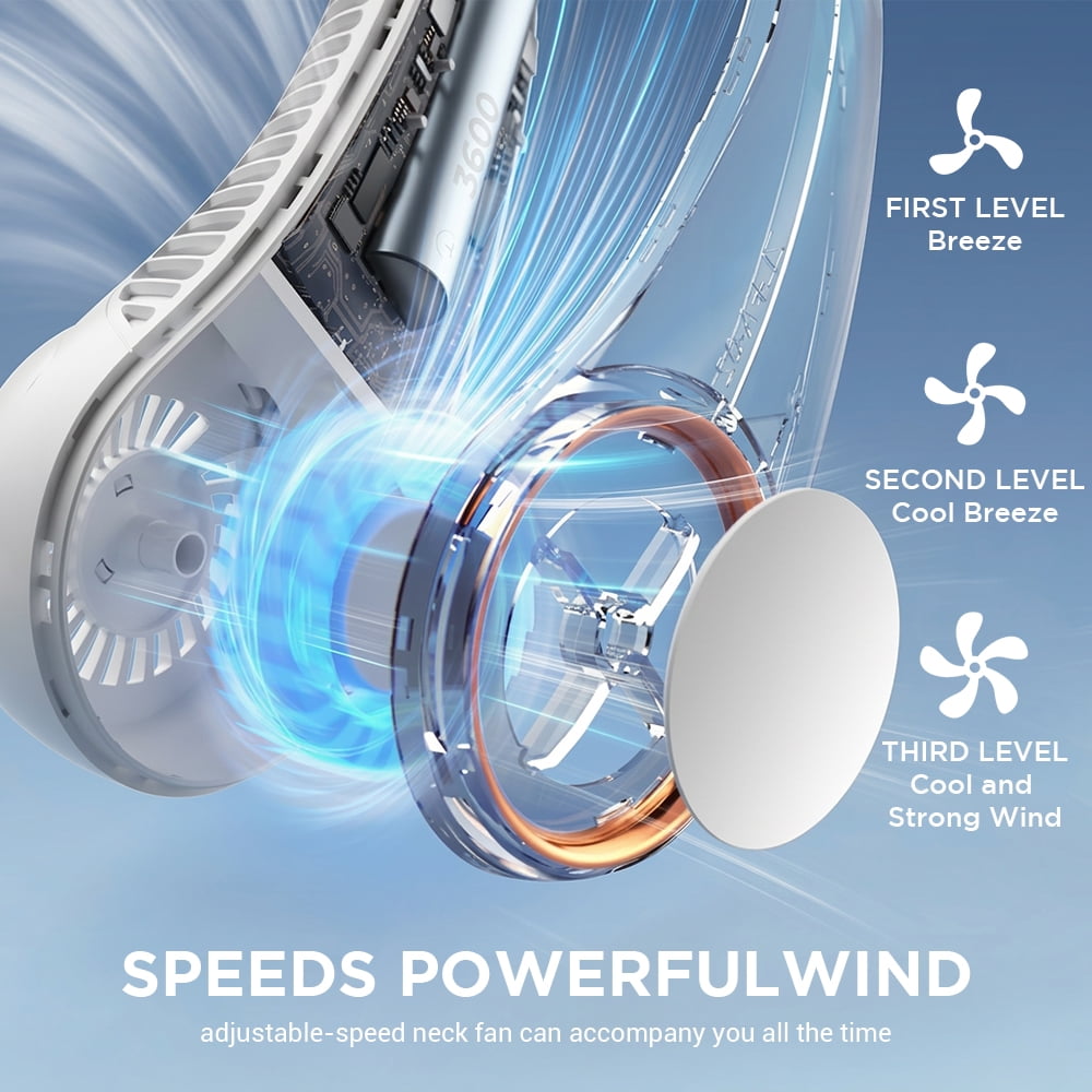Portable Neck Fan, 3 Speeds Hands Free Personal Wearable Bladeless Fan with 3600mAh Rechargeable Battery, White