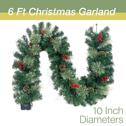 Christmas Garland Pre-Lit Artificial Green with Pine Cones Berry Clusters 40 Lights 6ft for Winter Christmas Indoor Outdoor New Year Xmas Decorations