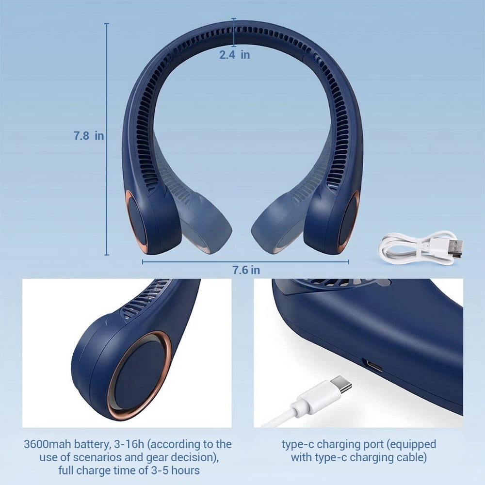 Portable Neck Fan, 3 Speeds Hands Free Personal Wearable Bladeless Fan with 3600mAh Rechargeable Battery, Blue