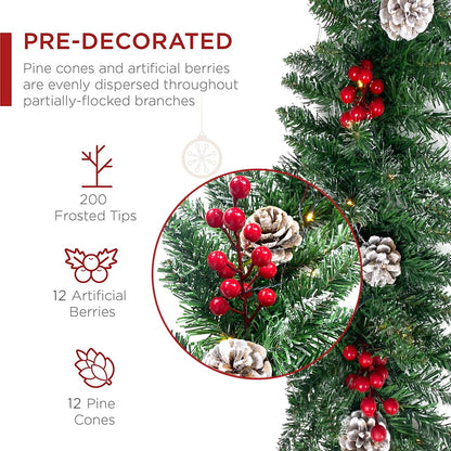 9ft Pre-Lit Christmas Garland with 50 Waterproof LED Light and Pine Cones and Berries, 220 Branches Battery Operated Christmas Garland Decoration for Xmas Holiday Party