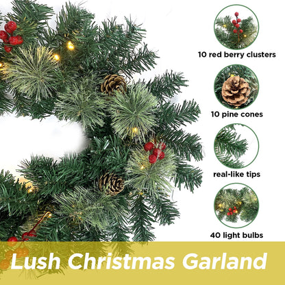 Christmas Garland Pre-Lit Artificial Green with Pine Cones Berry Clusters 40 Lights 6ft for Winter Christmas Indoor Outdoor New Year Xmas Decorations