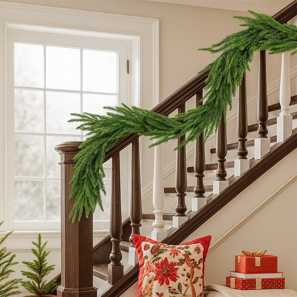 2 Pcs 6 FT Artificial Pine Garlands, Real Touch Winter Green Pine Garland, Indoor, Outdoor Christmas Decorations