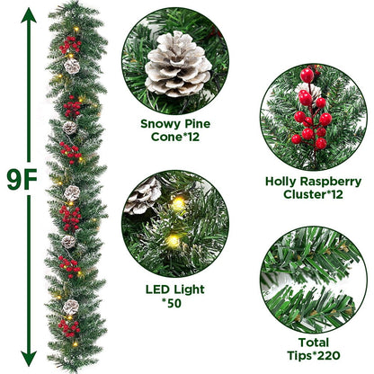 9ft Pre-Lit Christmas Garland with 50 Waterproof LED Light and Pine Cones and Berries, 220 Branches Battery Operated Christmas Garland Decoration for Xmas Holiday Party